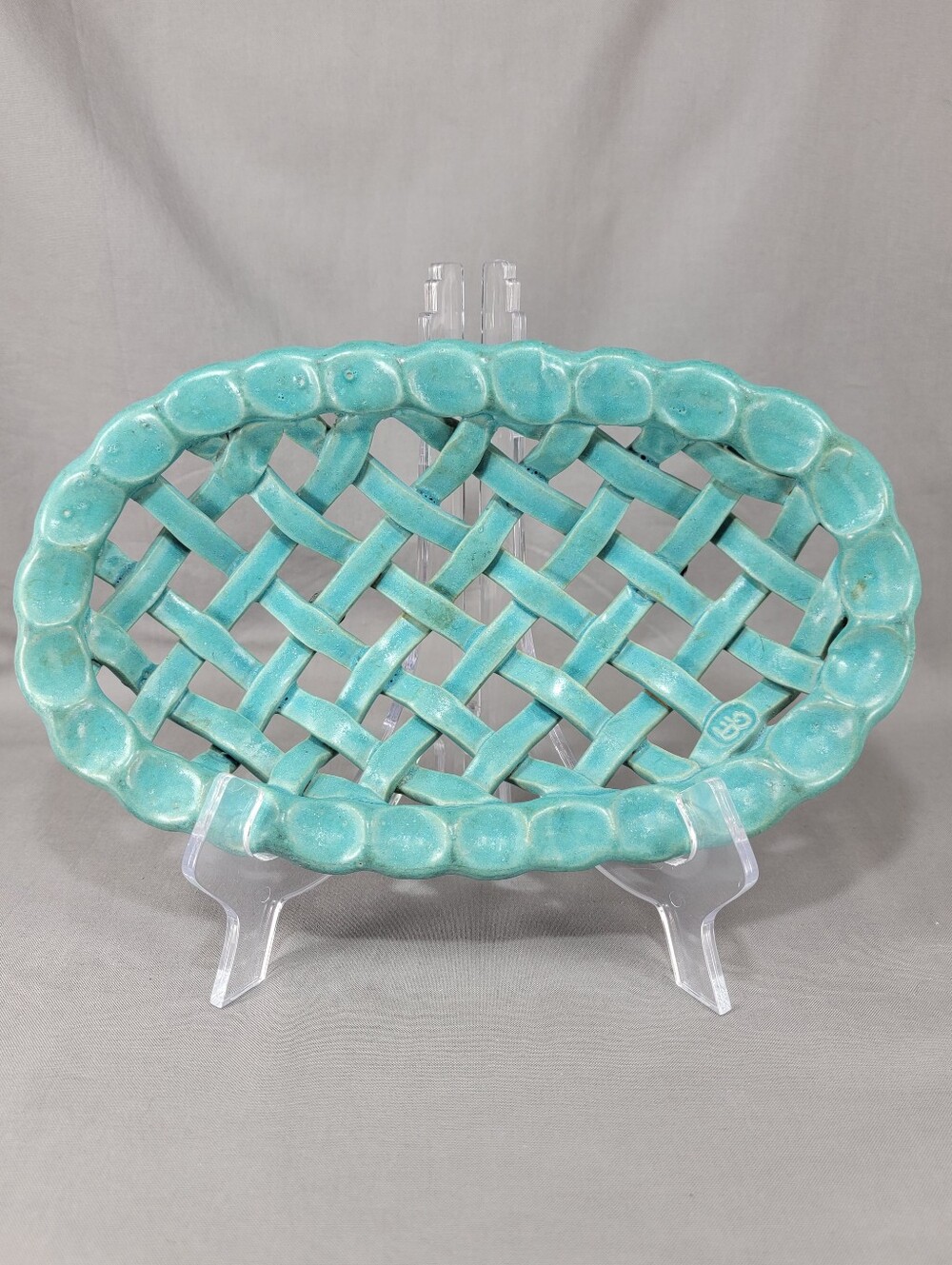 Bread Basket Handmade Pottery Ceramic Lattice Weave Art Clay Maker's Mark